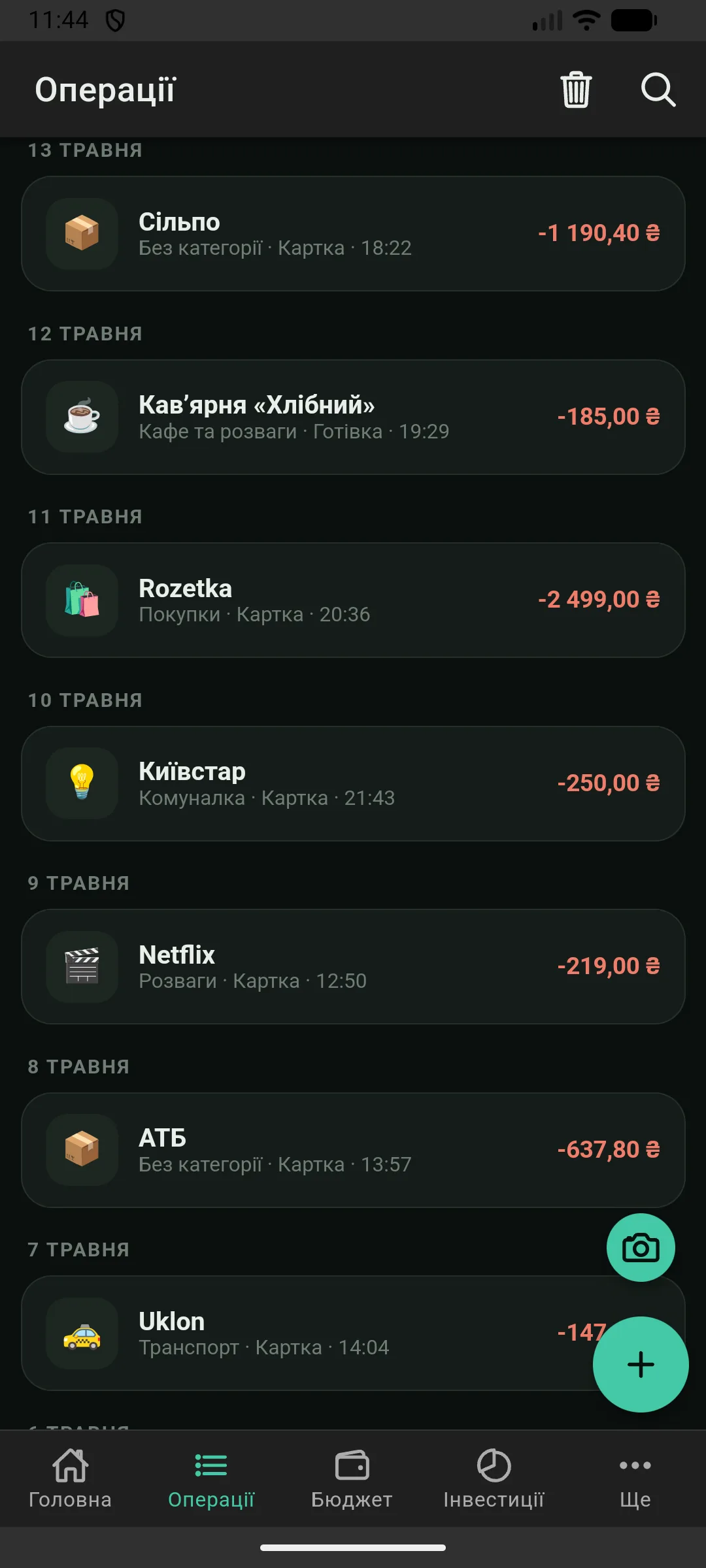Список операцій, згрупованих за днями