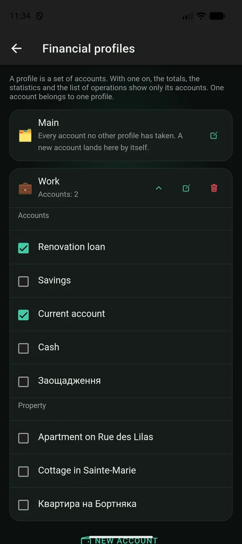 La pantalla de un perfil con la lista de cuentas y sus interruptores, dos de ellos activados