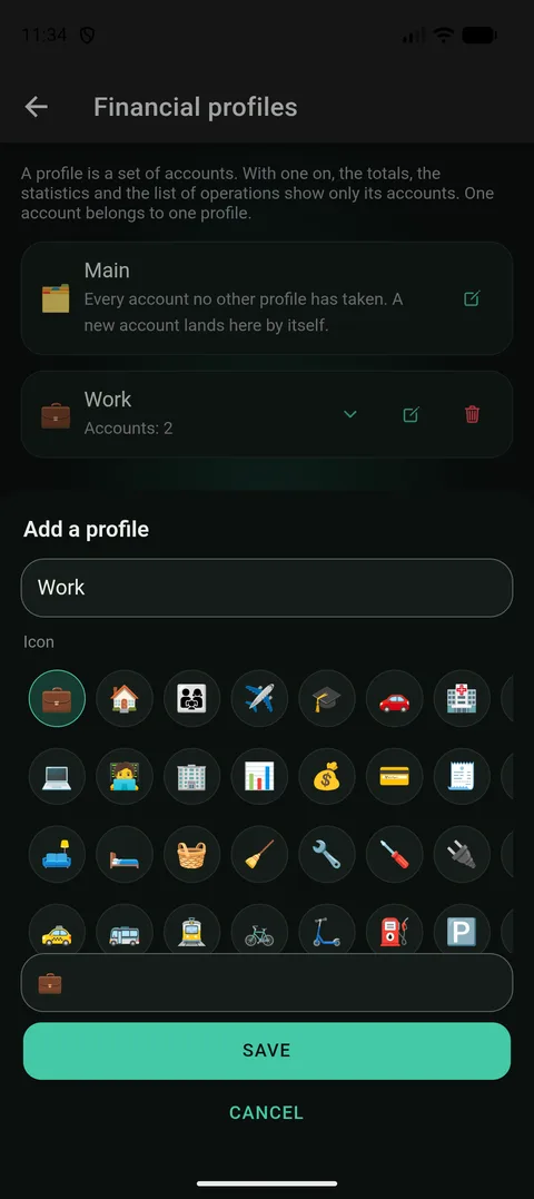 El panel de iconos del perfil: una cuadrícula de emojis por filas, con el elegido resaltado