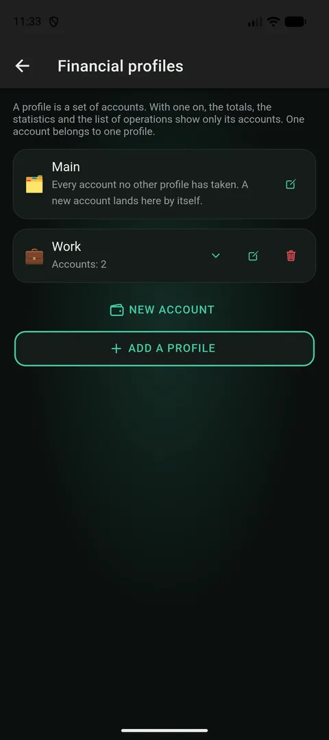 La pantalla Perfiles financieros en los ajustes: el perfil Principal y un perfil nuevo llamado Trabajo con su icono, cada uno con el número de cuentas que tiene