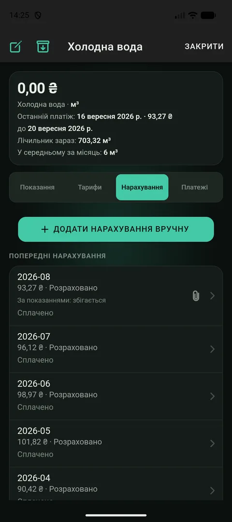 Картка послуги з тарифом і сумою, нарахованою за спожите