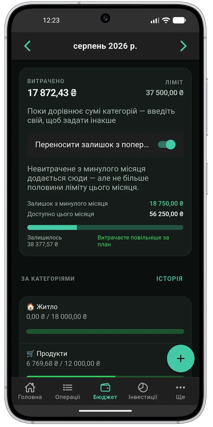 Місячний бюджет: витрачено з ліміту, перенесення залишку, ліміти категорій
